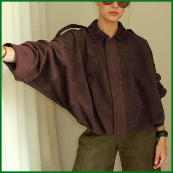 Faux Suede Bomber Jacket Lightweight Batwing Sleeve Oversized Coat - Picture 6 of 7